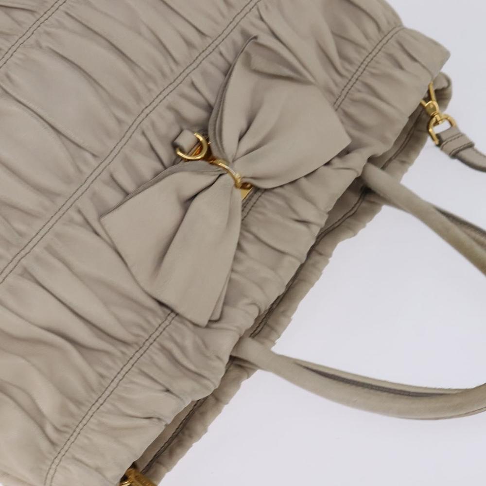 PRADA Gathered Hand Bag Leather 2way Beige Gold Auth BA5654 - Picture 6 of 16